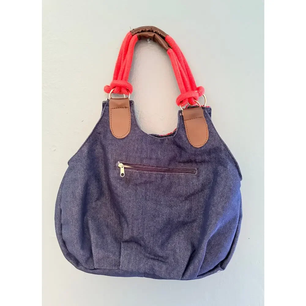 Handmade Peruvian Andean Textile Denim Hobo Bag Bright Woven Stripe Rope Handle